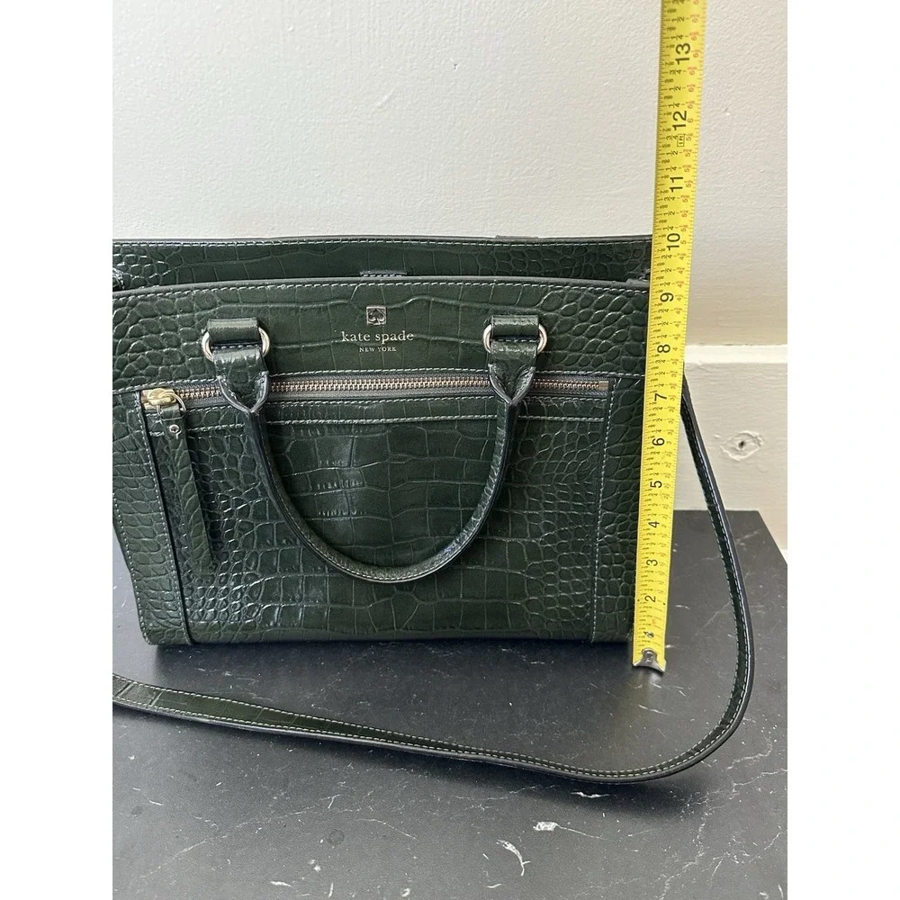 Kate‎ Spade NY Crocodile Embossed Leather Shoulder Satchel Handbag Dark Green